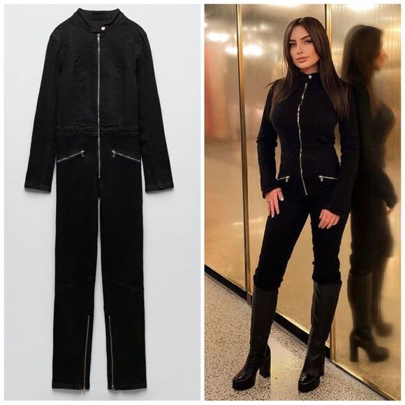 Zara Black Jumpsuit Zippers New - Picture 1 of 11